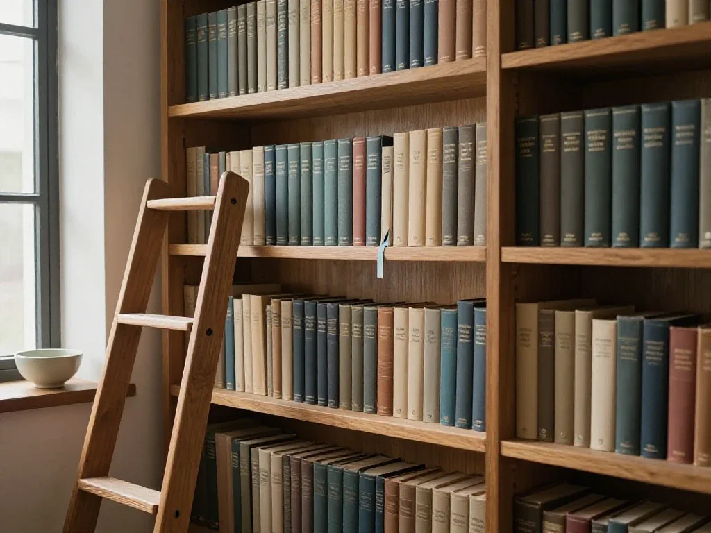 Étagères en bois remplies de livres, illustrant la réflexion et l'acquisition de connaissances avec sérénité.