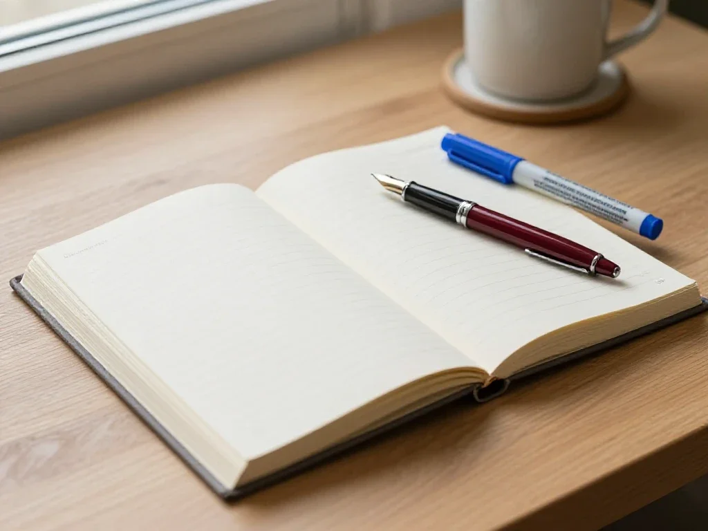 Livres ouverts et carnet sur un bureau en bois, symbolisant une réflexion approfondie et sereine.