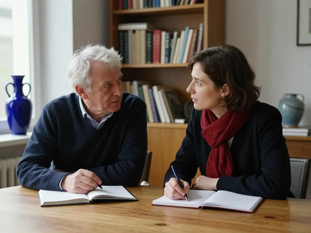 Deux experts français discutant posément pour une compréhension approfondie d'un projet complexe.