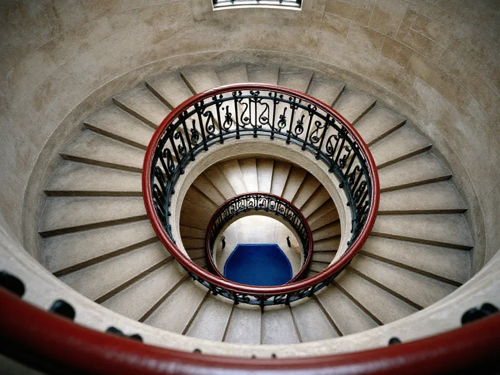 Escalier ancien vu d'en haut illustrant le temps de l'analyse et de la compréhension.