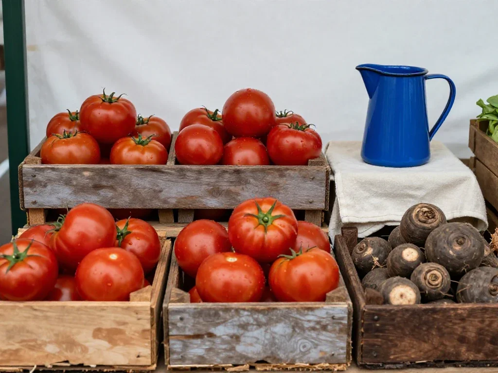 Un étalage de marché détaillé favorisant une observation attentive des produits frais de saison.
