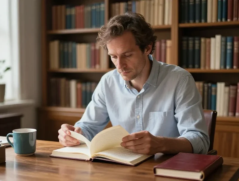Un homme lisant attentivement un carnet papier dans un bureau calme et authentique.