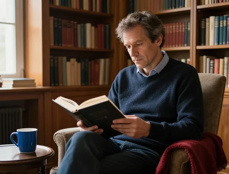 Un homme d'âge mûr lisant calmement, symbolisant une approche intellectuelle et volontairement lente.