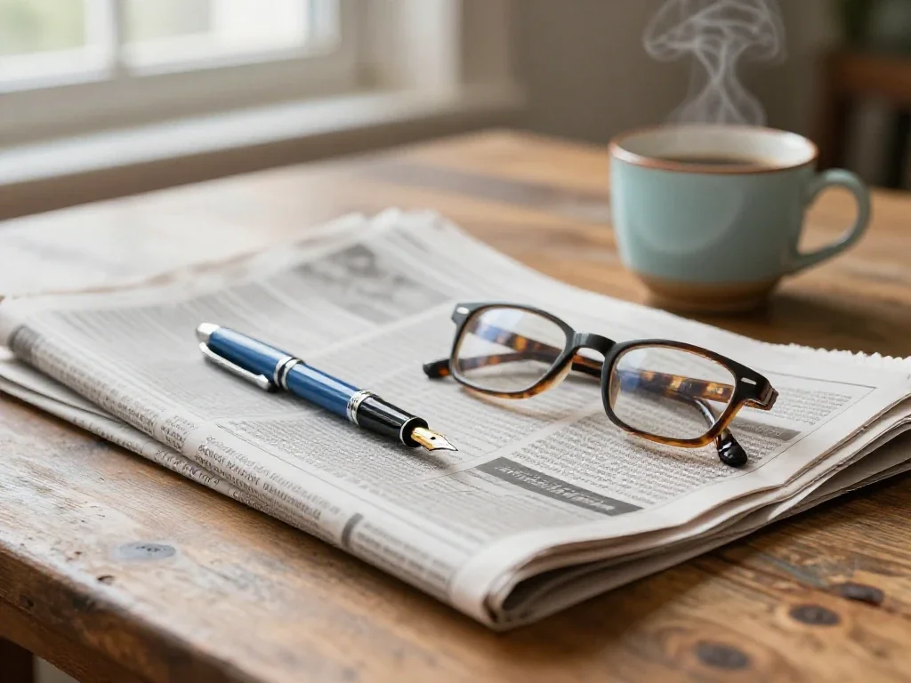 Un journal plié et un café pour s'informer calmement et avec réflexion.