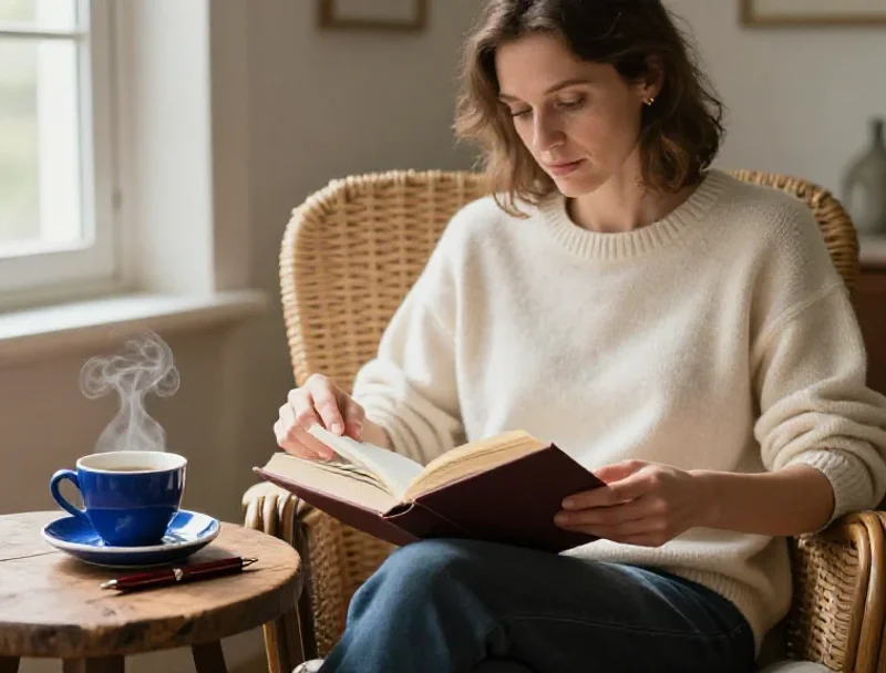 Une femme lisant calmement près d'une fenêtre, illustrant la réflexion et la lenteur du blog.