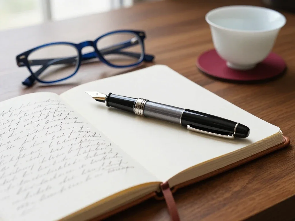 Un stylo plume sur un carnet manuscrit évoquant la réflexion et l'analyse approfondie.
